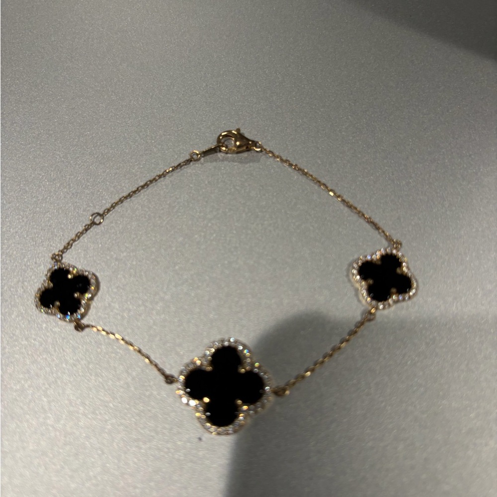 Black Onyx Clover Bracelet, Gold Plated over stainless steel